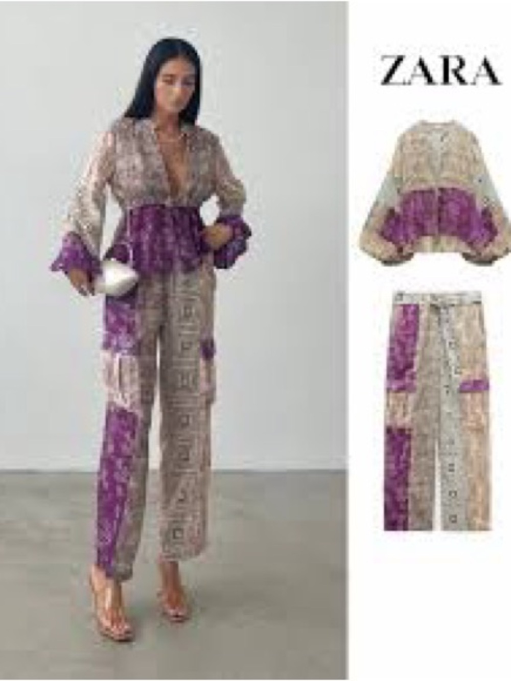 ZARA  matching set featuring a printed blouse and cargo pants. NWOT